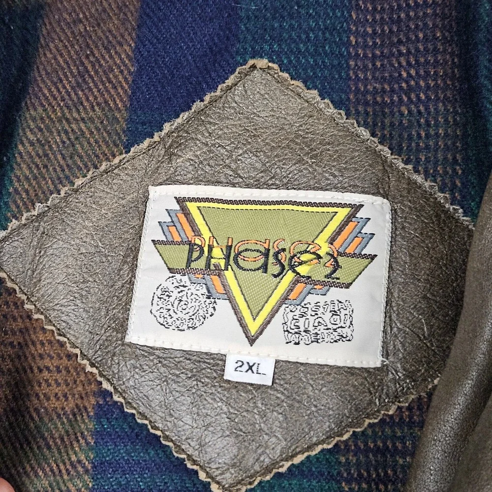 Phase 2 Leather Jacket 2XL Brown Plaid Lined‎ Zip Pockets Vintage Grunge